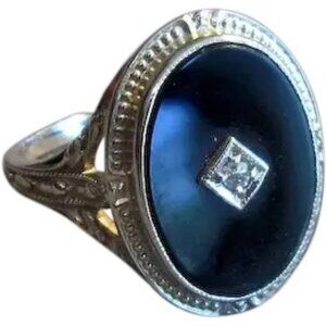14K White Gold Black Onyx Ring with Diamond Sz 7